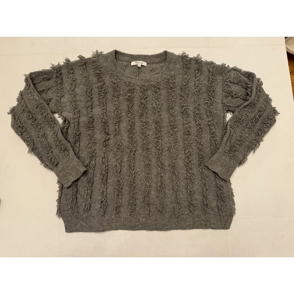 Madewell Womens Gray Textured Fringe Crewneck Pullover Sweater XS Merino Wool